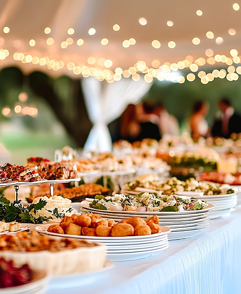 Buffet de mariage somptueux sous les lumières Vaste buffet de réception en extérieur : tartes salées, salades, mignardises et assiettes empilées, éclairé par des guirlandes chaudes.