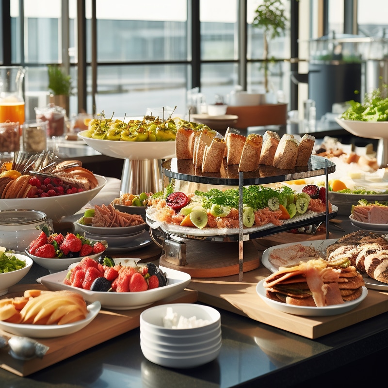 Buffet de petit-déjeuner frais et élégant pour un brunch parfait. Buffet élégant et lumineux : saumon fumé, pain, charcuterie, fruits frais (fraises, melon), et plateau d'olives sur broche.